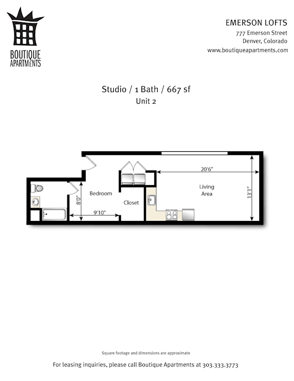 A floor plan for a studio apartment at Boutique Apartments.