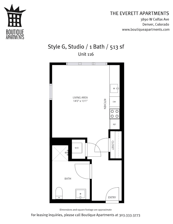 A floor plan for a 513 square foot apartment with a studio, bath, and entry.