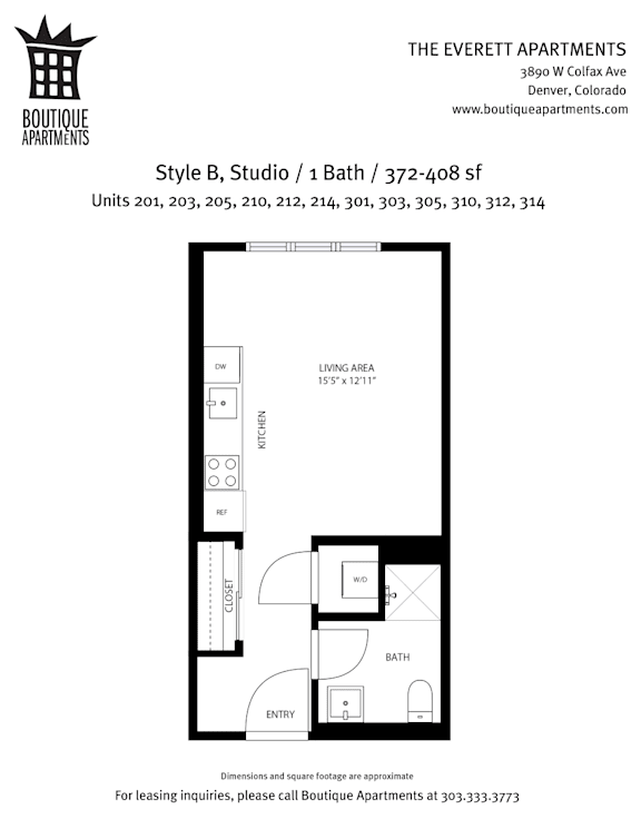 A floor plan for a studio apartment with a bath and living area.