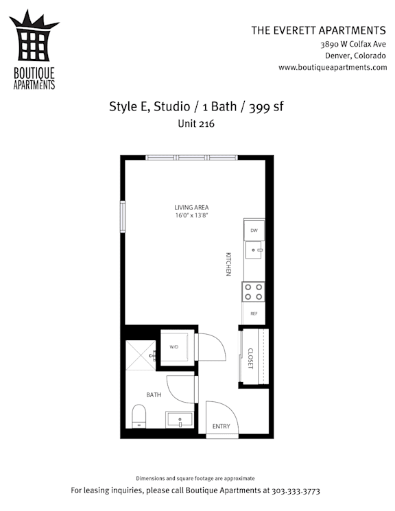 A floor plan for a 1 Bath apartment at The Everett Apartments.