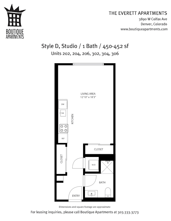 A floor plan for a studio apartment with a bath and a closet.