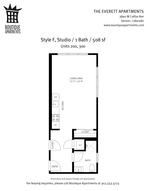 A floor plan for a 508 square foot studio apartment with one bedroom.
