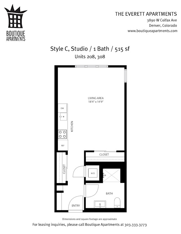 A floor plan for a studio apartment with a living area, kitchen, and bath.