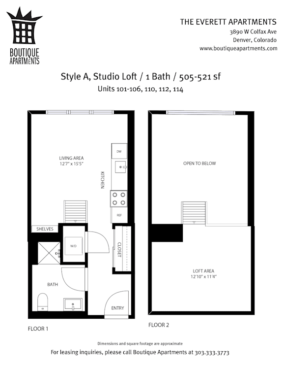 A floor plan for a studio loft at The Everett Apartments.