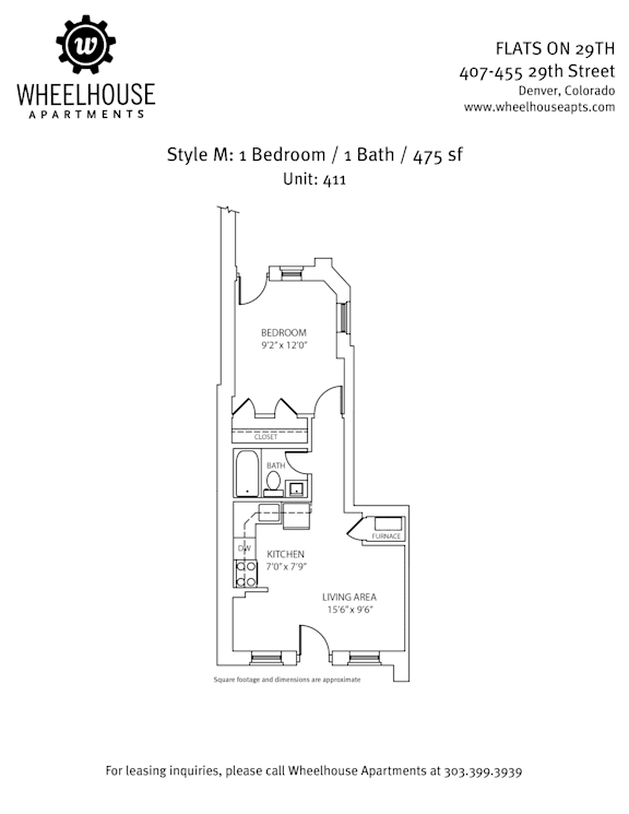 A floor plan for a 475 square foot apartment with one bedroom and one bath.