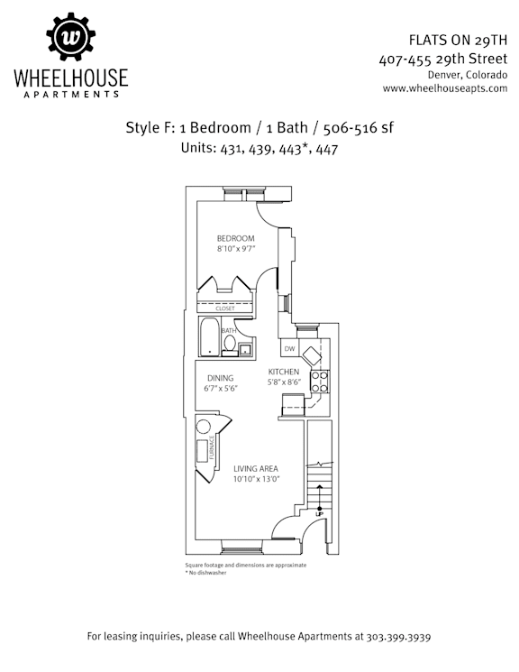 A floor plan for a one bedroom apartment with one bath.