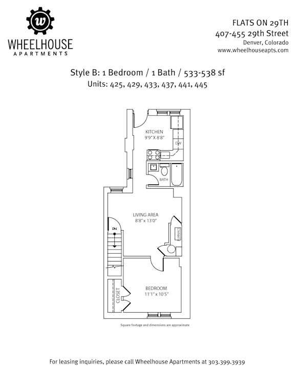 A floor plan for a 1 bedroom, 1 bath apartment at Wheelhouse Apartments.