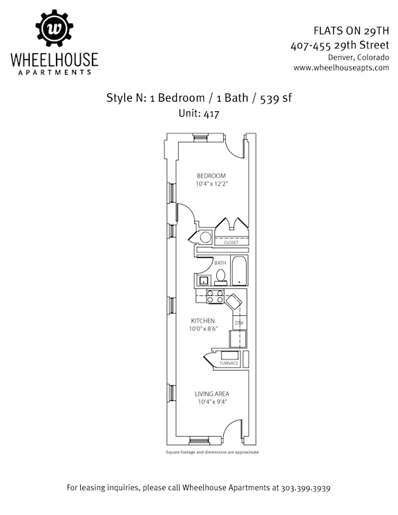 A floor plan for a one bedroom, one bath apartment at Wheelhouse Apartments.