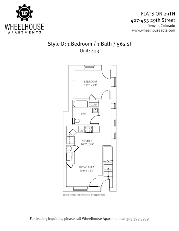A drawing of a floor plan for a 1 bedroom apartment.