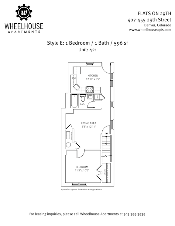 Floor plan for a one bedroom apartment.