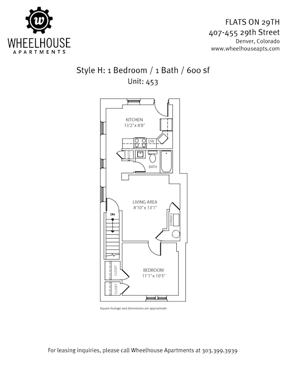 A drawing of a floor plan for a one bedroom apartment.