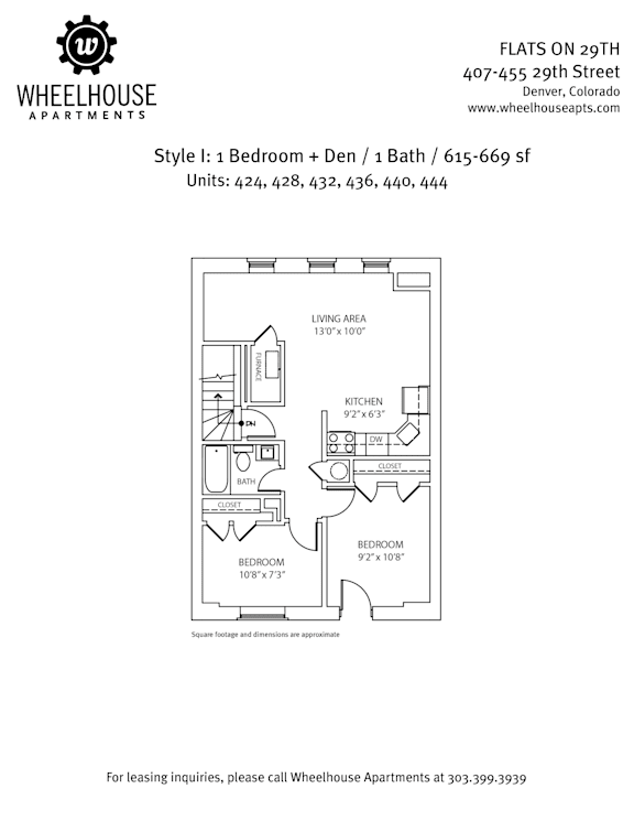 A floor plan for a one bedroom apartment with den and bath is shown.