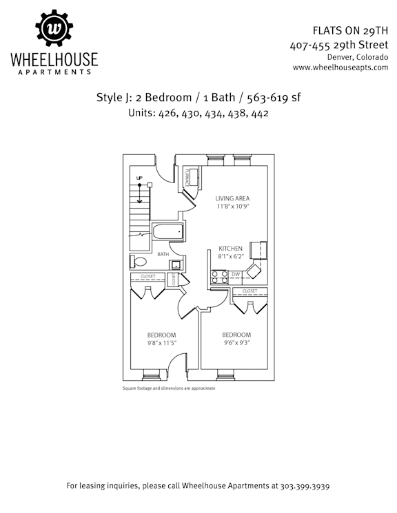 A floor plan for a 2 bedroom, 1 bath apartment at Wheelhouse Apartments.