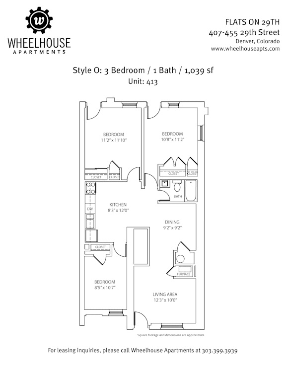 A floor plan for a 3 bedroom, 1 bath apartment at Wheelhouse Apartments.