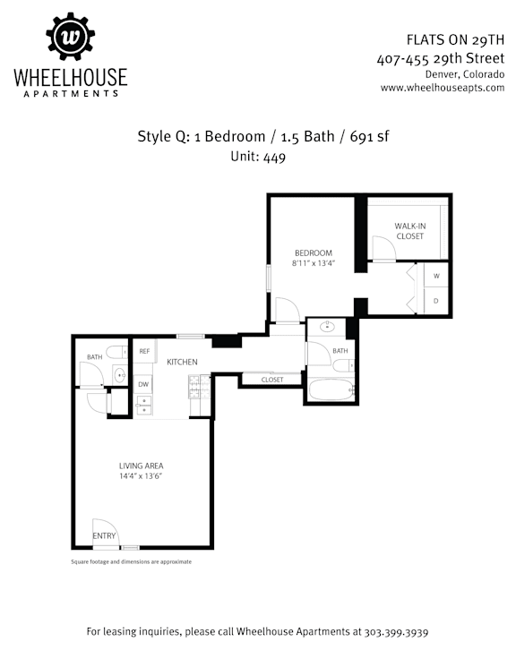 Floor plan for a one bedroom apartment with 1.5 baths and 691 square feet.