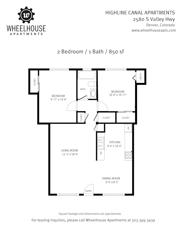 A floor plan for a 2 bedroom, 1 bath apartment at Highline Canal Apartments.