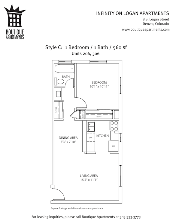 A floor plan for a 1 Bedroom / 1 Bath apartment at Infinity on Logan Apartments.