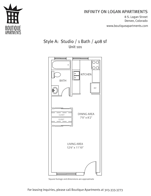 A drawing of a studio apartment layout by boutique apartments.