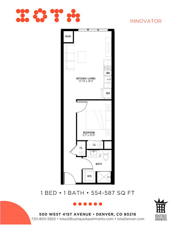 A floor plan for a 1 bedroom, 1 bathroom apartment sized at 554-587 square feet.