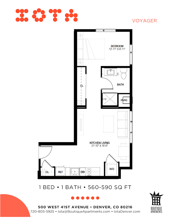 A floor plan for a 1 bedroom, 1 bathroom apartment sized 560-590 square feet.