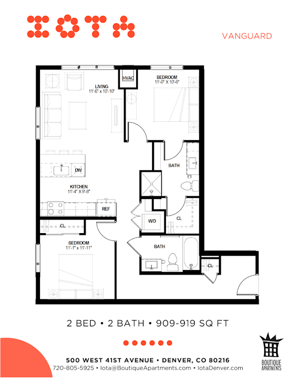 A floor plan for a 2 bedroom, 2 bathroom apartment sized at 909-919 square feet.
