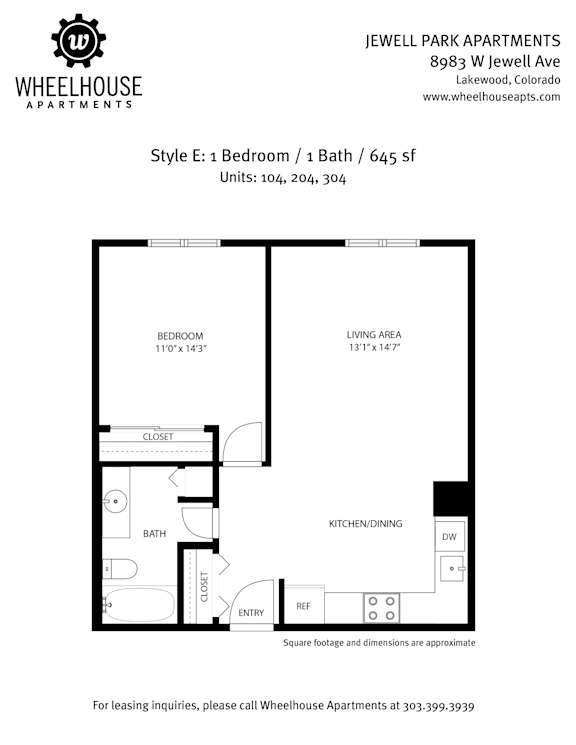 A floor plan for a Wheelhouse Apartments apartment style E.