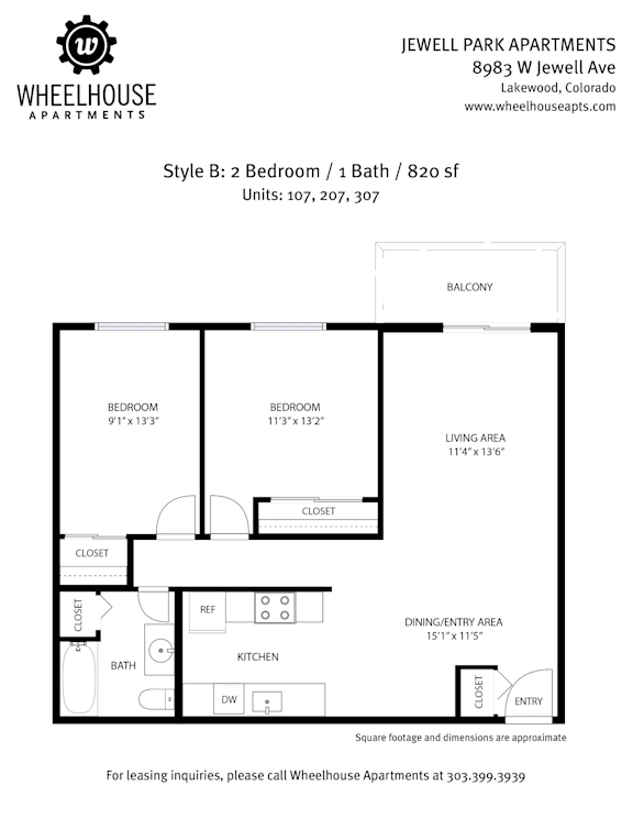 A drawing of a floor plan for a Wheelhouse Apartments unit.