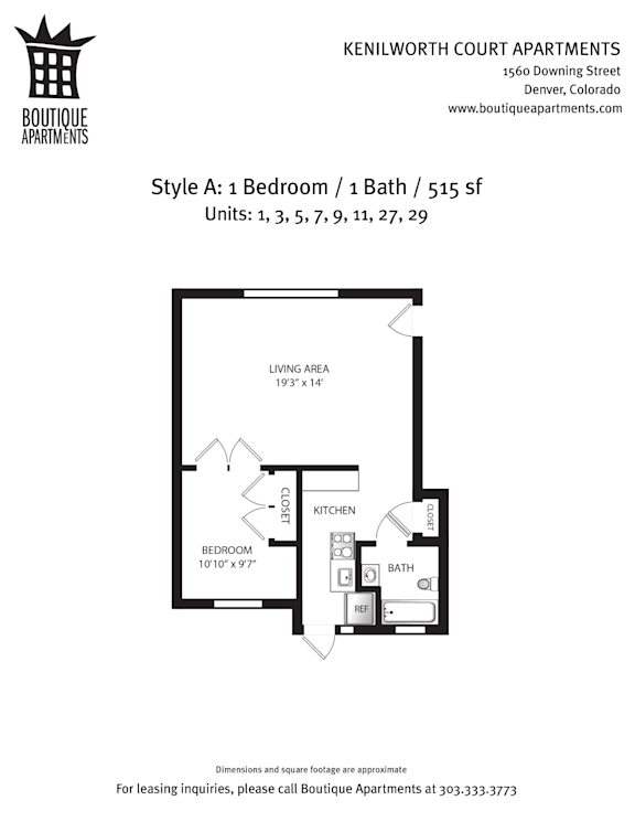 A floor plan for a 1 bedroom apartment with a living area, kitchen, bathroom and dining room.