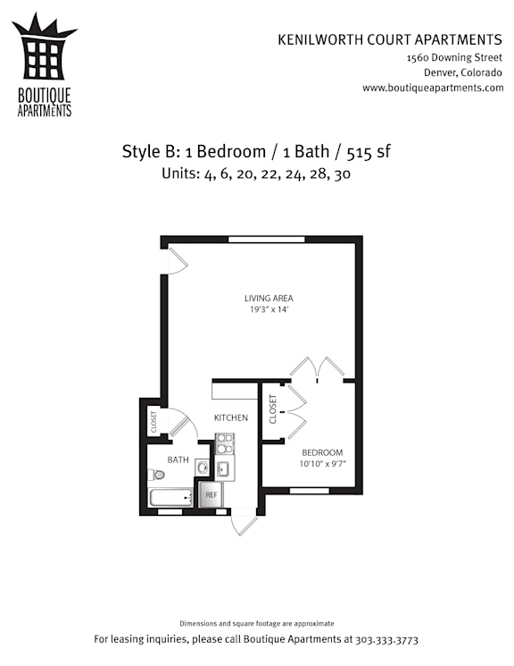 A floor plan for a 1 Bedroom/1 Bath apartment at Kenilworth Court Apartments.