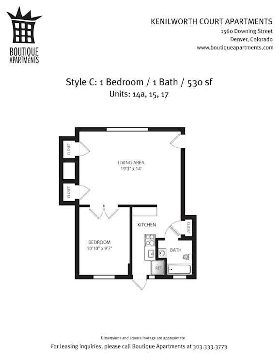 A floor plan for a 1 bedroom, 1 bath apartment at Kenilworth Court Apartments.