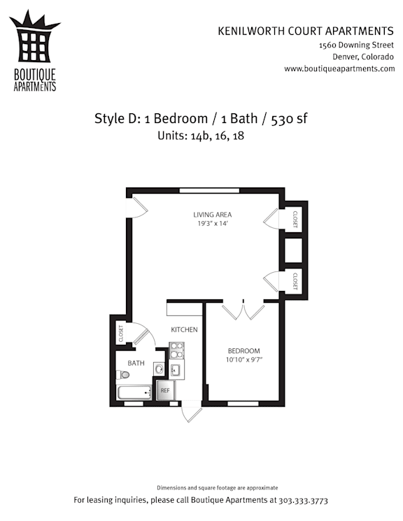 A floor plan for a 1 Bedroom/1 Bath apartment at Kenilworth Court Apartments.