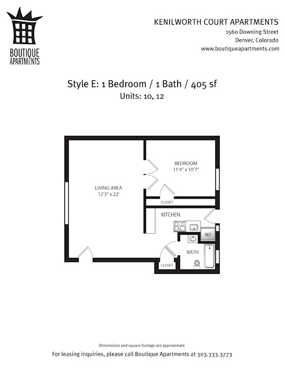 A drawing of an apartment layout for lease by boutique apartments.