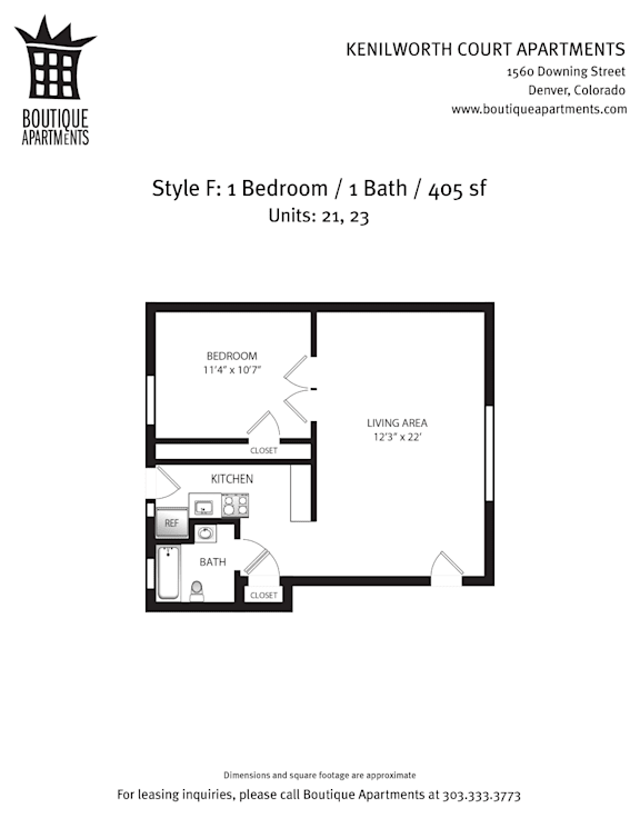 A floor plan for a 1 Bedroom/1 Bathroom apartment at Kenilworth Court.