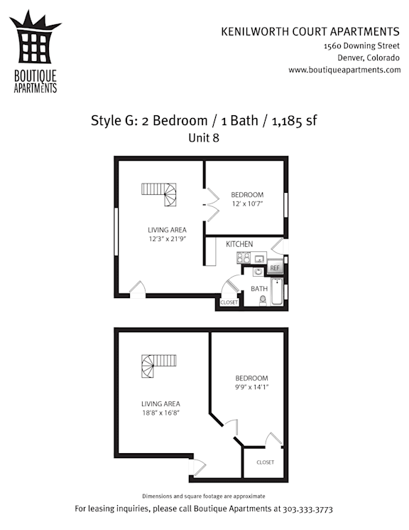 A floor plan for a 2 bedroom apartment with 1 bath and living area of 1188 square feet.