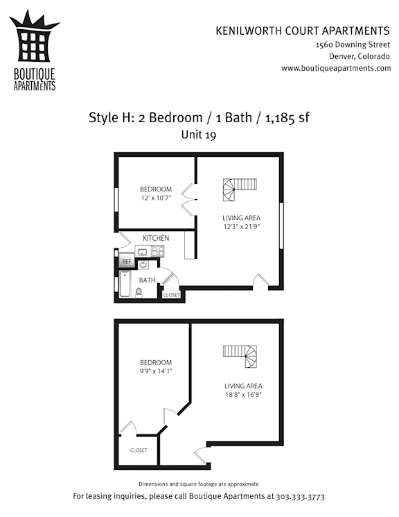 A floor plan for a 2 bedroom apartment with 1 bath and living area of 118 square feet.