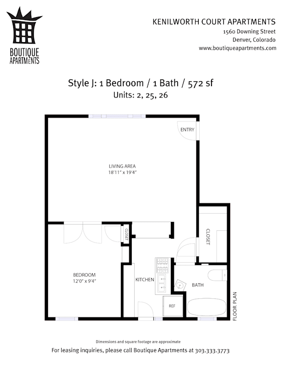 A floor plan for a 1 bedroom, 1 bath apartment at Kenilworth Court Apartments.