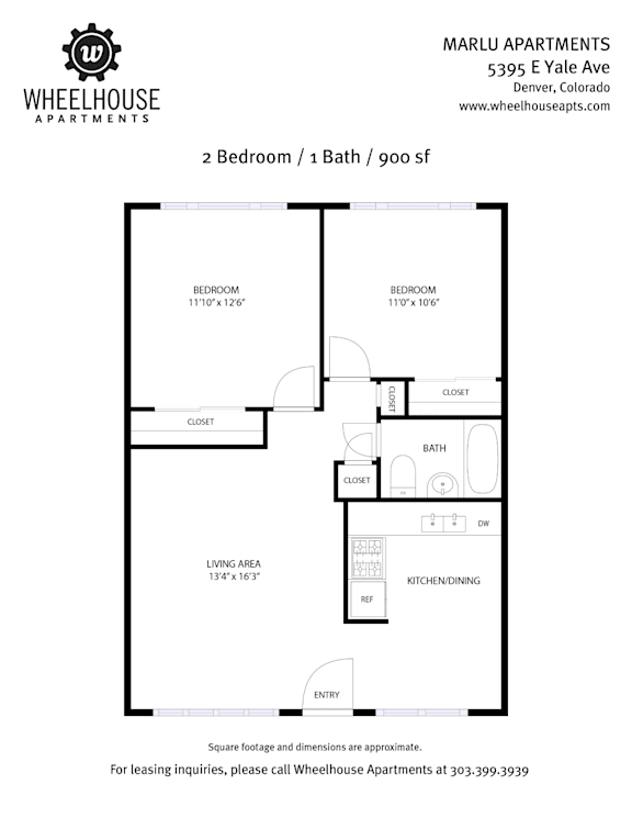 A floor plan for a 2 bedroom, 1 bath apartment at Marlu Apartments.
