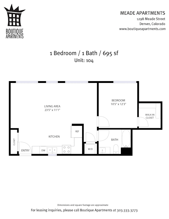 A floor plan for a 1 bedroom apartment with 1 bath and 695 square feet.