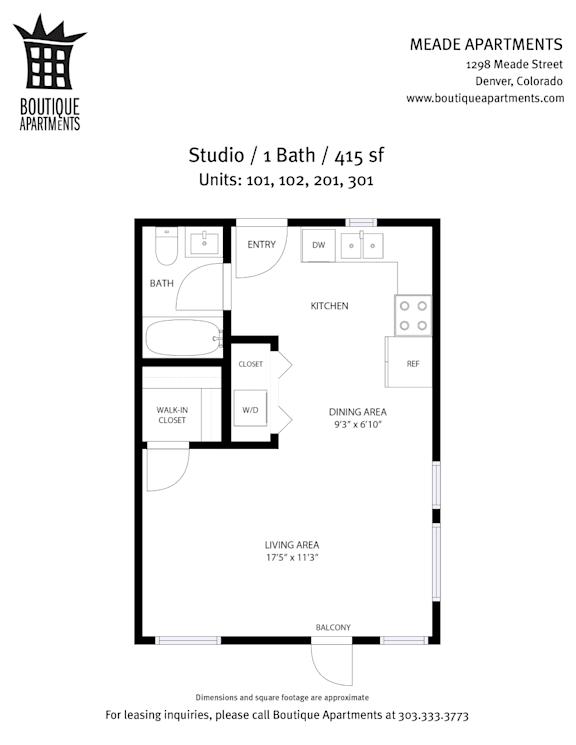 A floor plan for a studio apartment with 1 bath and 1 bed.