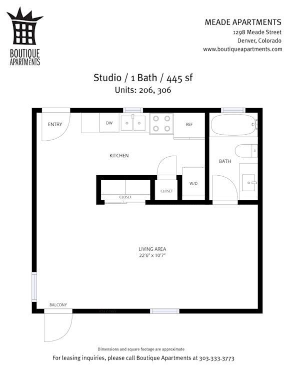 A floor plan for a studio apartment with 1 bath and 2 closets.