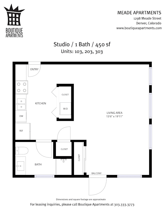 A floor plan for a studio apartment with 1 bath and 450 square feet.