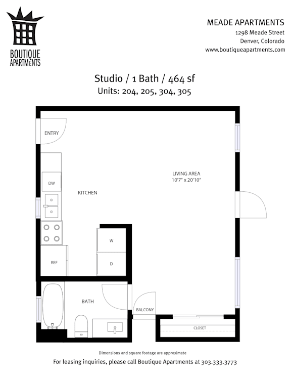 A floor plan for a studio apartment with 1 bath and 464 square feet.