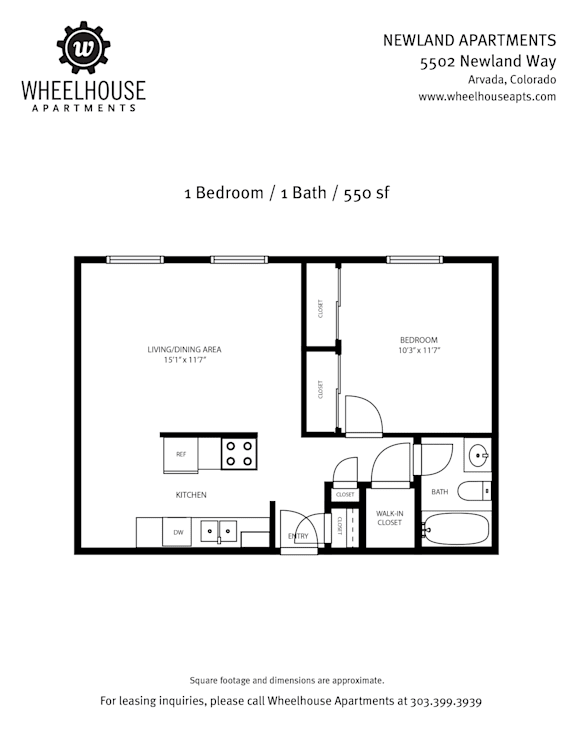 A black and white image of a floor plan for a 1 bedroom/bathroom apartment.