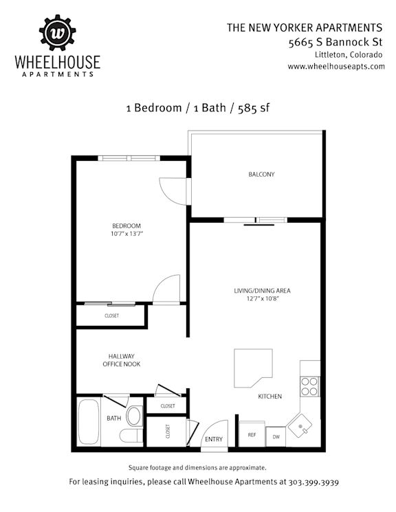 A floor plan for a 1 Bedroom/1 Bath apartment at The New Yorker Apartments.