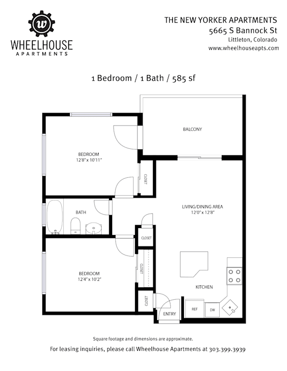 A floor plan for a 1 Bedroom/1 Bath apartment at The New Yorker Apartments.