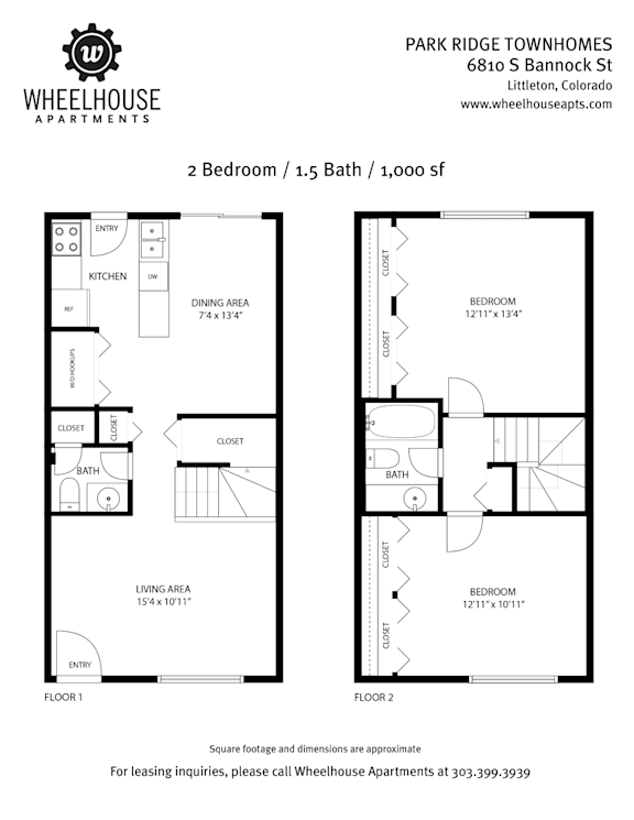 A floor plan for a 2 bedroom, 1.5 bath apartment at Park Ridge Townhomes.