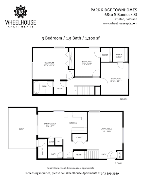 Floor plan for a 3 bedroom, 1.5 bath townhome with a living area of 191 square feet.