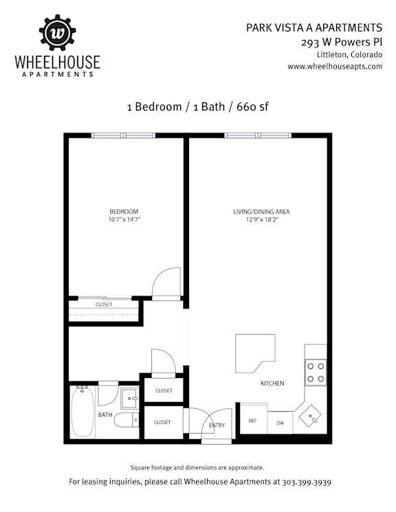 A black and white image of a floor plan for a one bedroom apartment.