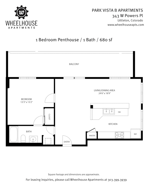 A floor plan for a 1 bedroom penthouse apartment at Park Vista B Apartments.