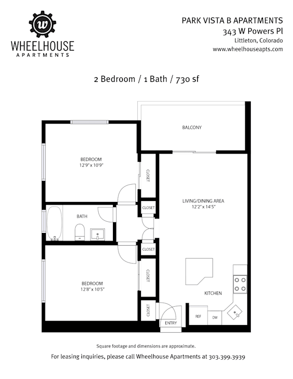 A floor plan for a 2 Bedroom / 1 Bath / 730 sf apartment.